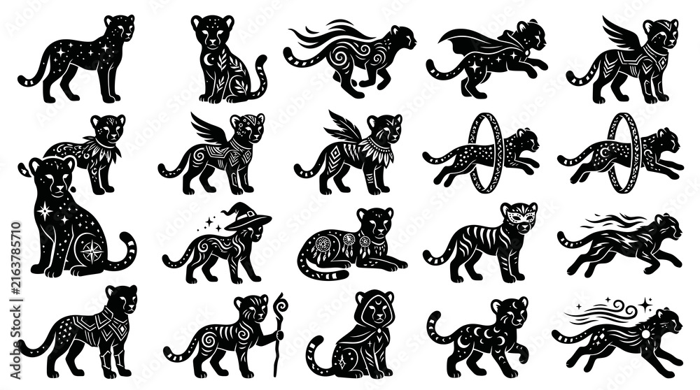 Obraz premium Mystical Black Panther Tiger Glyphs Set - Celestial Feline Magic, Spiritual Boho Decorative Vector Art