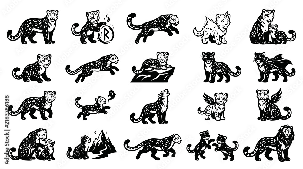 Obraz premium Black and White Vector Illustrations of Leopards, Cub and Lion Family
