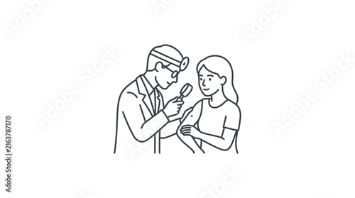Dermatologist examining patient's arm skin with a magnifying glass.