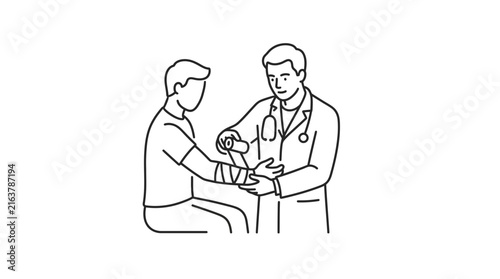 Doctor applying bandage to patient arm line drawing.