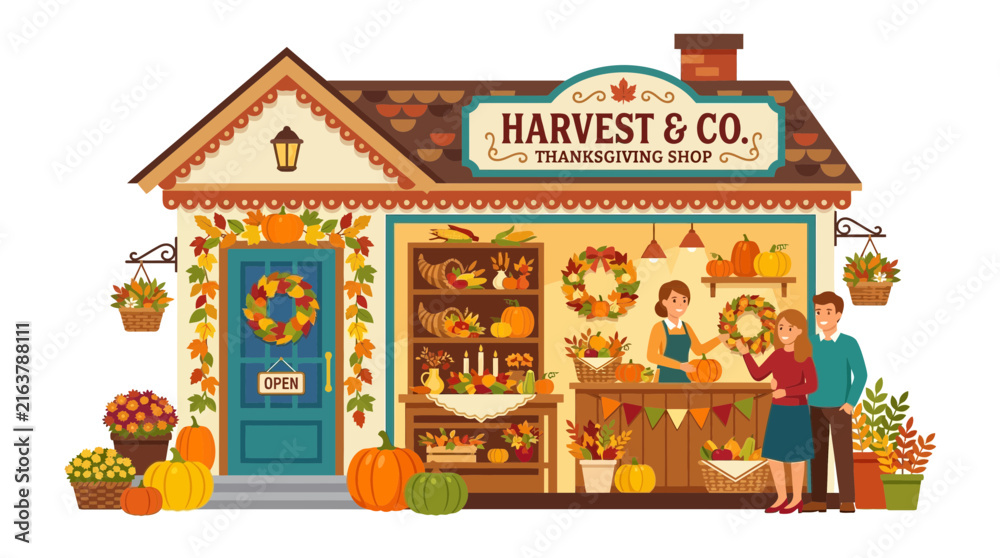 Naklejka premium Thanksgiving Shop Exterior with People and Autumn Decorations