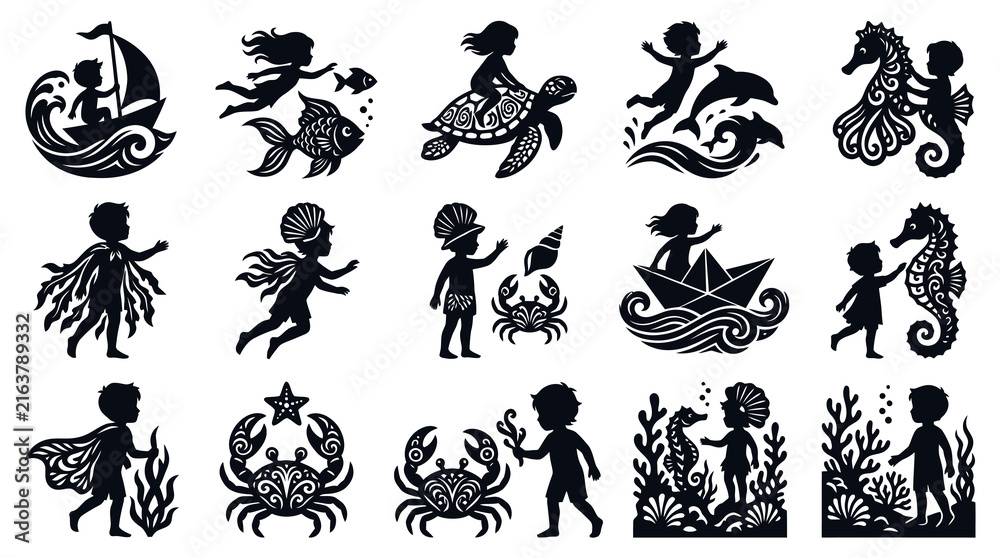 Fototapeta premium Black White Silhouette Vector Art of Children Enjoying Summer Beach and Ocean Activities