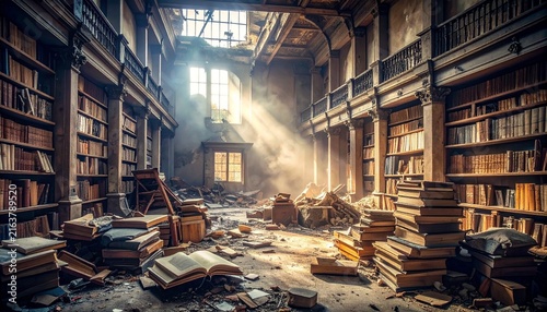 Abandoned library interior with sunbeams streaming through broken windows, dusty shelves filled with books and scattered debris.