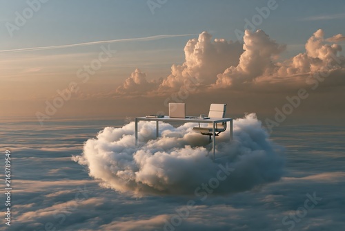 Surreal office desk and chair floating on a cloud high above the atmosphere