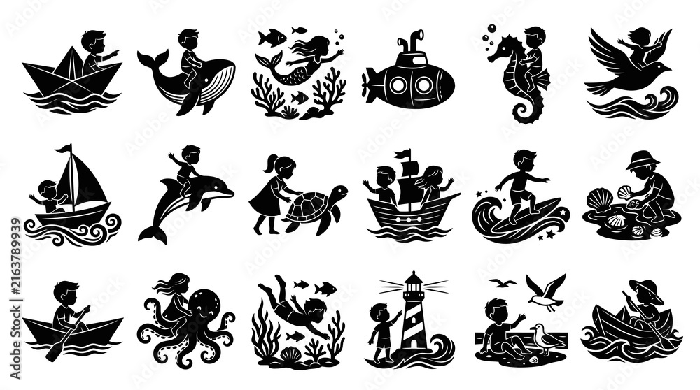 Obraz premium Black and White Silhouettes of Children Enjoying Beach and Ocean Activities