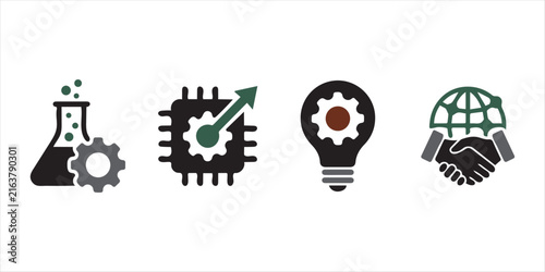 International Day of Science, Technology, and Innovation for the South: Tech line icon showing a globe integrated with lightbulb gears and digital nodes, representing innovation, scientific research, 