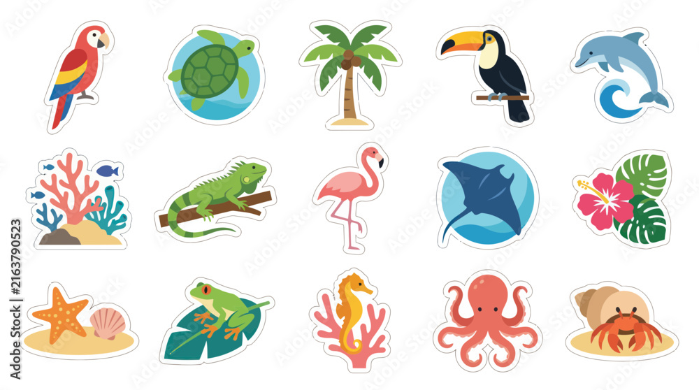 Obraz premium Cartoon Tropical Animals and Plants Flat Vector Sticker Icon Set for Wildlife and Nature Themes