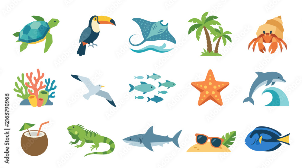 Fototapeta premium Flat Design Collection of Tropical Marine Life, Nature, and Summer Travel Vacation Icons