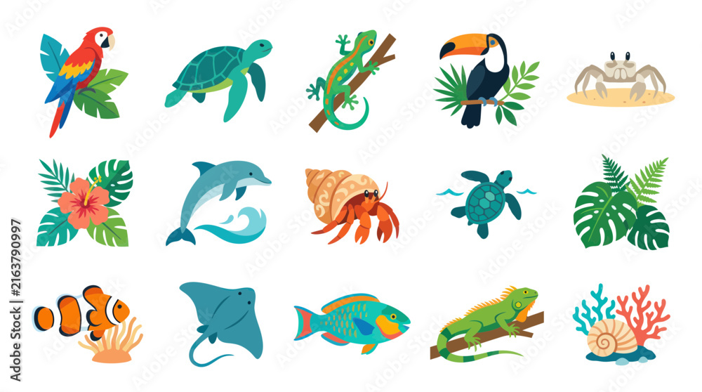 Obraz premium Tropical Wildlife Flat Vector Icon Set. Collection of Exotic Animals, Marine Life Plants Illustrations