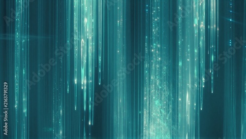 Glowing teal light strands fall like rain, sparkling with digital magic.