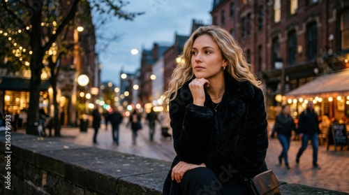 Young woman sitting on a wall in the city center during a beautiful evening with glowing lights in the background