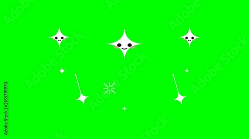 Cute cartoon sparkling stars with happy faces and magic elements on green screen background
