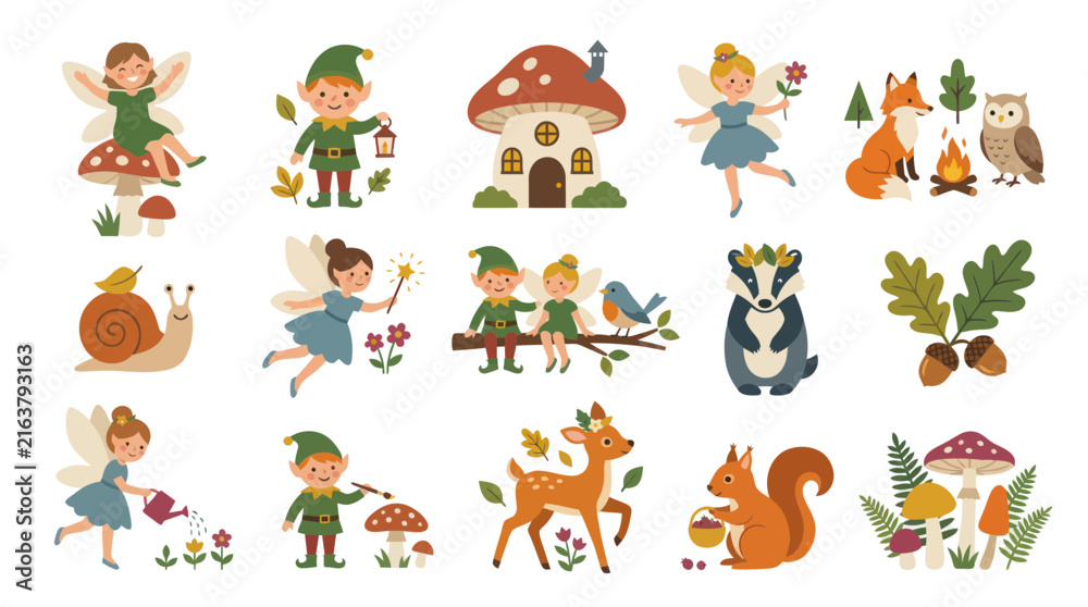 Fototapeta premium Cute Woodland Forest Fairies, Elves, Animals, Mushrooms, Nature Flat Vector Icons