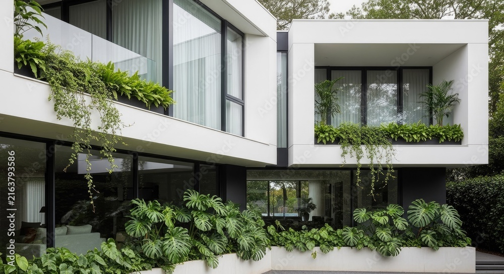 Fototapeta premium Sleek white architecture with integrated lush balcony greenery.