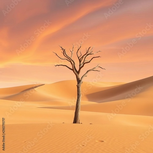 Dried up palm tree stands alone amidst vast dunes, geological formation, arid environment