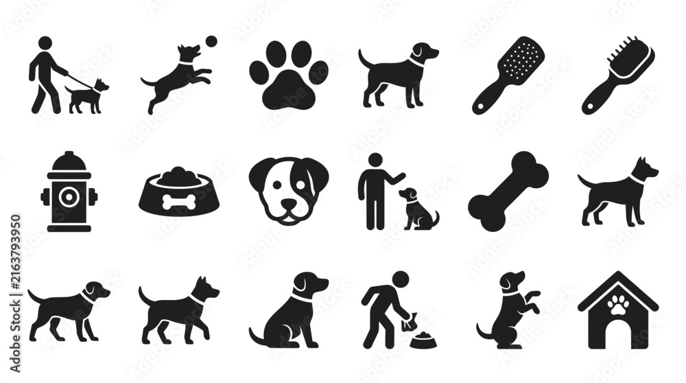 Fototapeta premium Minimalist black dog vector graphic icon set displaying various canine activities, accessories, and grooming tools for professional design projects today.