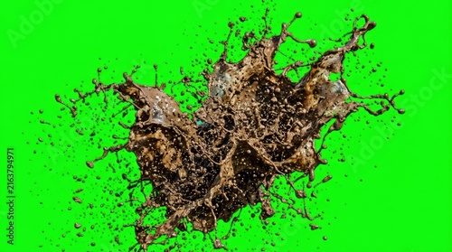 Brown liquid splash explosion on green screen