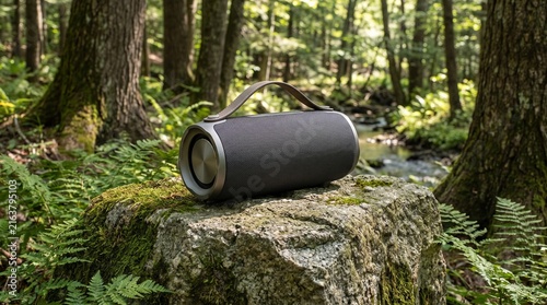 Portable wireless speaker resting on a mossy rock in a lush green forest.