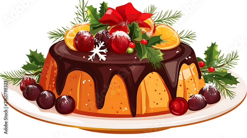 Delicious close up slice of fresh gourmet chocolate cake topped with red cherries and rich icing on a white plate