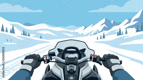 Riding a Snowmobile Through Snowy Mountains