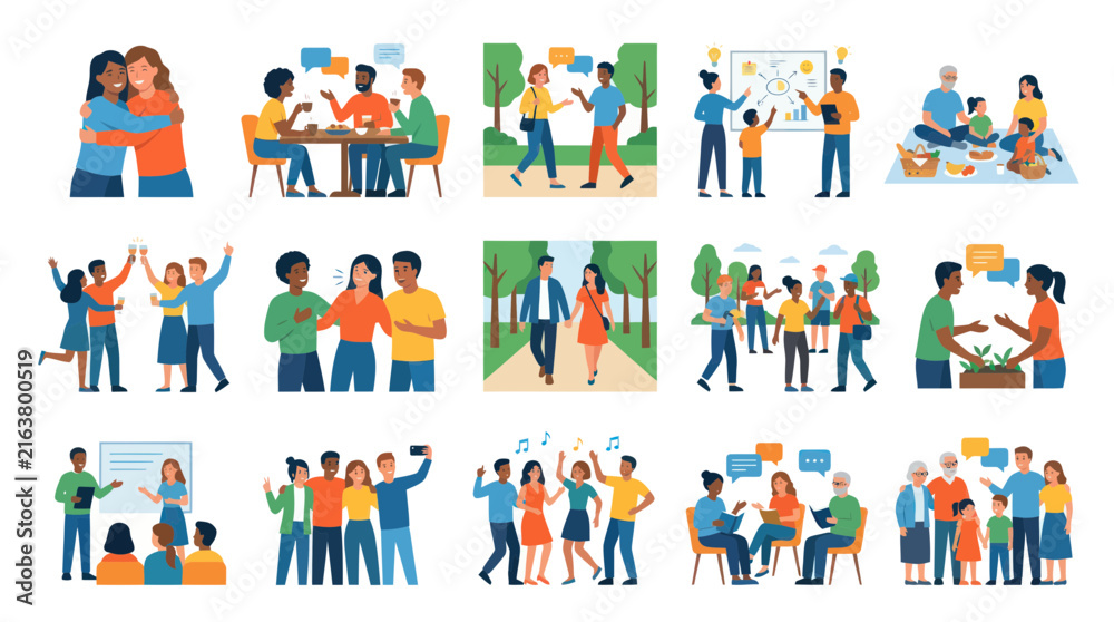 Fototapeta premium Flat Style Vector Illustrations of Diverse People in Various Social and Business Settings