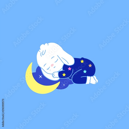 Cute white bunny sleeping peacefully on yellow crescent moon in starry blue pajamas vector illustration