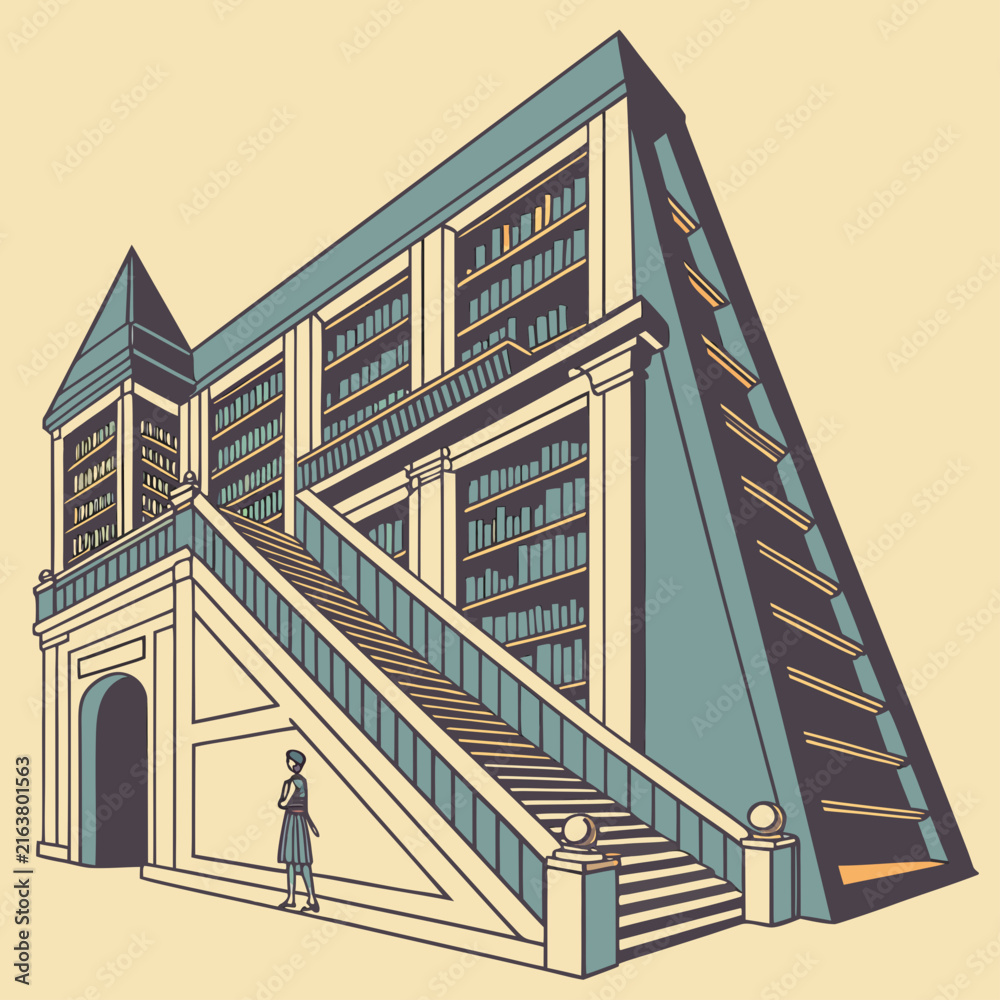 Fototapeta premium Isometric architectural library building with endless bookshelves and grand staircase vector art