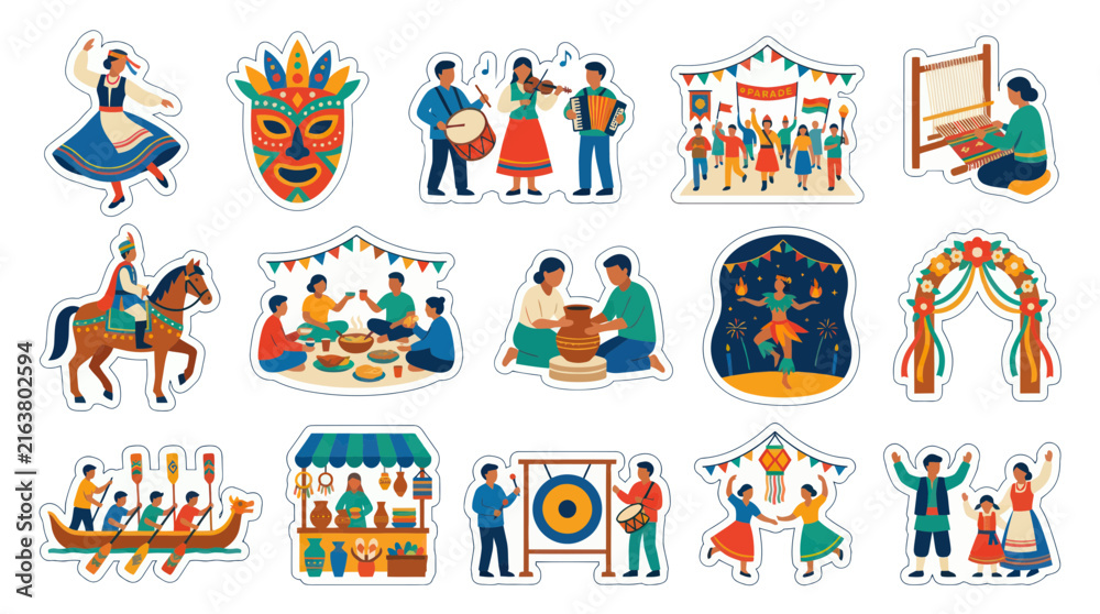 Fototapeta premium Flat Vector Set of Diverse Global Cultures, Folk Festivals, Traditional Crafts, Music, and Celebrations