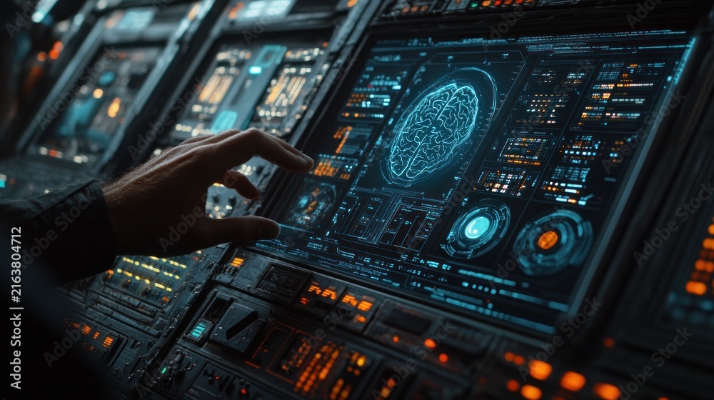 Fototapeta premium A hand touches a digital screen displaying a brain scan on a futuristic console