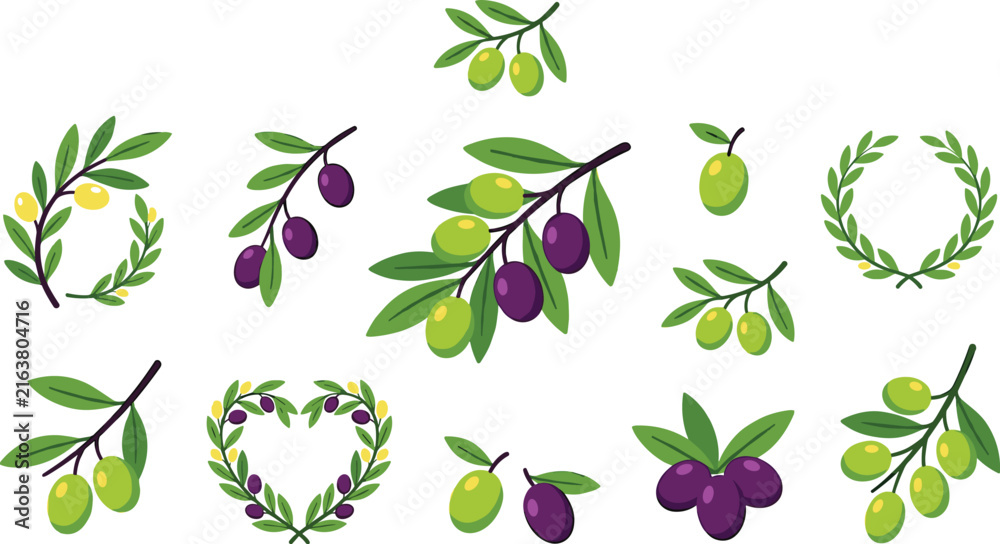 Obraz premium Colorful Olive Branch and Wreath Vector Set Featuring Green and Purple Olives for Mediterranean Product Packaging and Logo Designs