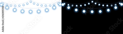 Blue bulb string lights hang in a swag garland with glowing round lamps ideal for festive decor design in PNG, Transparent and Black Background Versions
