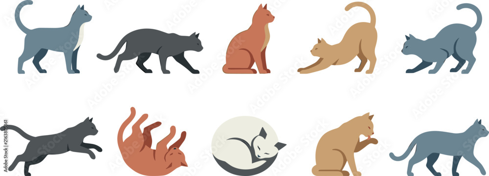 Obraz premium Flat Cartoon Cats Silhouette Icon Set with Various Breeds Poses and Activities Including Sleeping Stretching Running and Grooming
