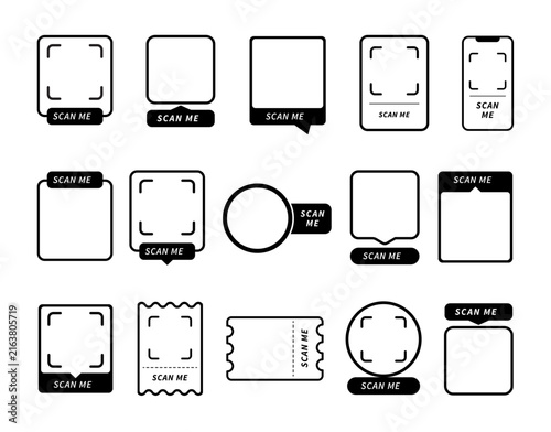 QR Code Scan Frame Collection with Empty Placeholders and Decorative Labels for Digital Payment, Marketing and Identification. Scan Me Icon Vector Illustration for Smartphone