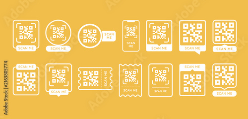 White QR Code Scan Me Collection on Yellow Background for Digital Payment, Marketing and Identification. Scan Me Icon Vector Illustration for Smartphone