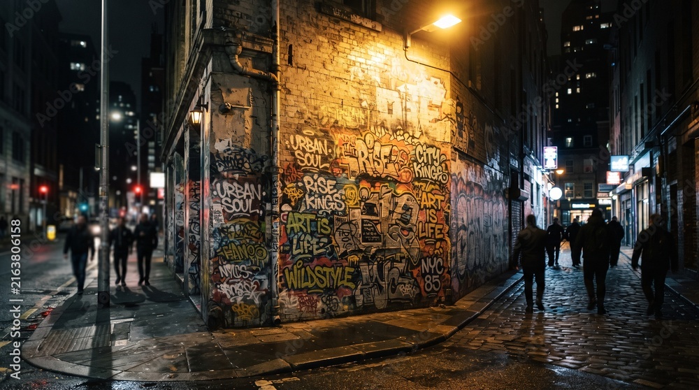 Fototapeta premium Urban street corner at night with graffiti wall under street light and pedestrians walking on wet pavement