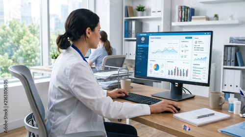 Female doctor in white coat analyzing patient health analytics dashboard on computer monitor in bright modern medical office, healthcare data visualization and electronic medical