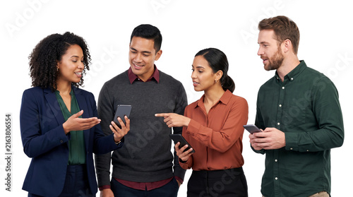 Diverse group of professional colleagues using smartphones and collaborating, isolated on white background.