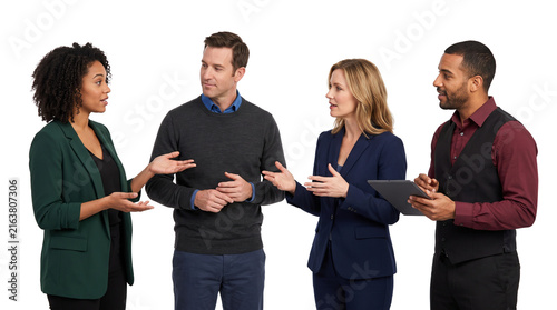 Diverse Group of Multi-ethnic Business Professionals Discussing and Collaborating Together, Isolated on White Background with a Tablet.