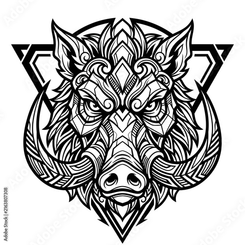 Intricate Black and White Illustration of a Fierce Boar's Head with Geometric Patterns.