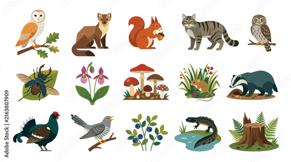 Obraz premium Flat Style Forest Animals and Plants Vector Icons - Nature Wildlife Collection
