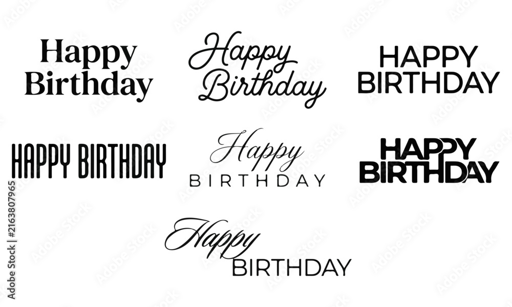 Fototapeta premium Happy birthday vector lettering phrases in multiple artistic handwriting fonts