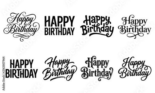 Set of decorative happy birthday calligraphy quotes with flourish ornaments