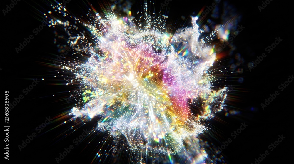 Fototapeta premium Colorful crystal explosion and prismatic light burst isolated on black background