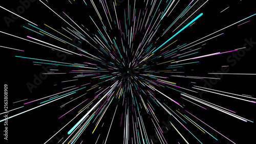 Colored light rays converging towards the center at high speed in a black space