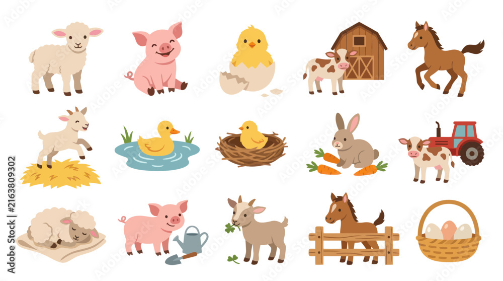Fototapeta premium Cute Flat Cartoon Farm Animals and Agriculture Elements Vector Set