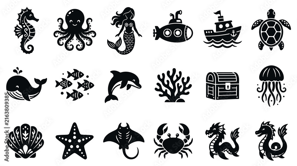 Obraz premium Ocean Marine Life Underwater Objects Glyphs. Black and White Sea Creatures Mythical Icons Set