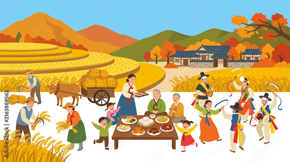 Naklejka premium Korean Autumn Harvest Festival: Family Feast & Traditional Dance Celebration