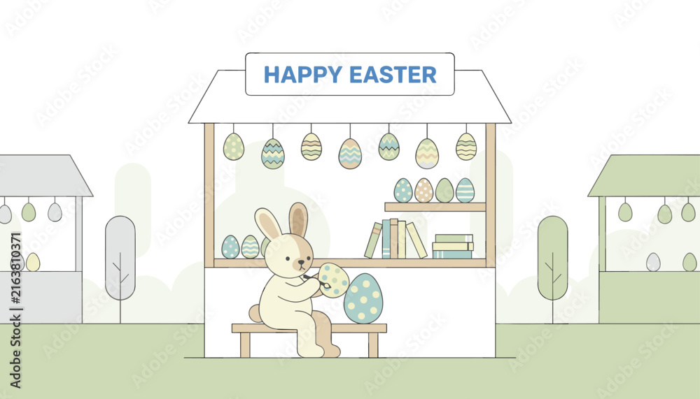 Fototapeta premium Cute Easter bunny sitting on a bench and painting colorful eggs at a festive market stall on a white background.
