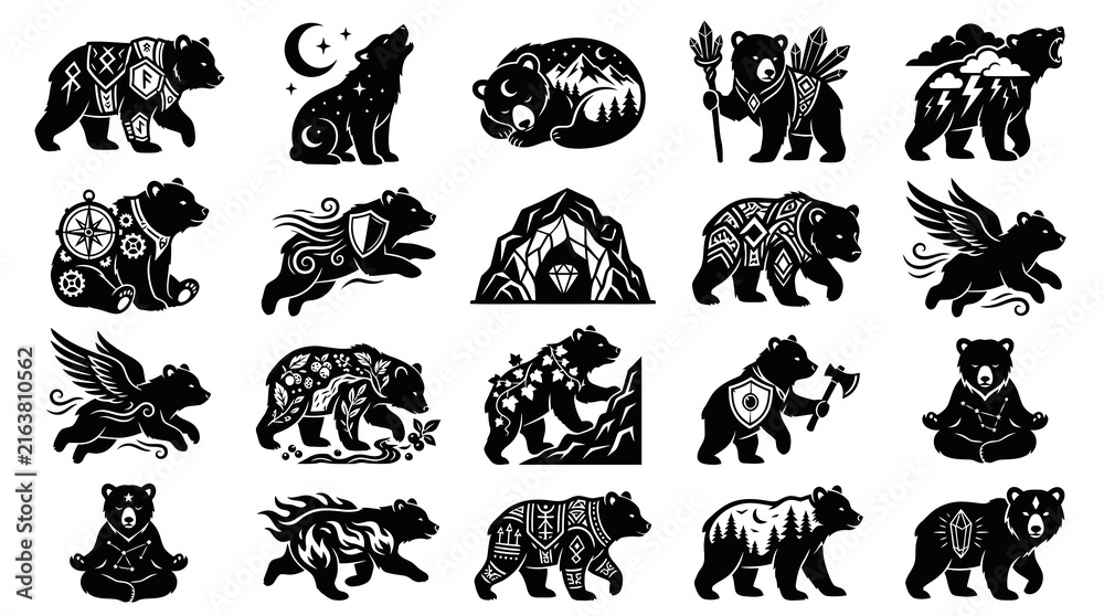 Obraz premium Black and White Bear Icons Set, Vector Stock Graphics