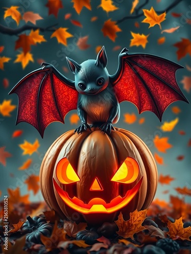 Ghostly bat perches on a glowing jack-o-lantern as autumn leaves swirl around, spooky, eerie
